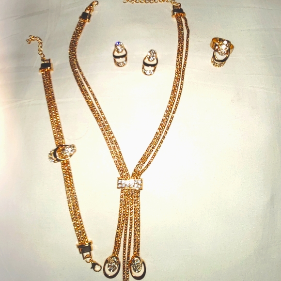 Gold Plated Statement/Costume Jewelry Set Necklace, Earrings, Ring, Bracelet - Picture 1 of 6